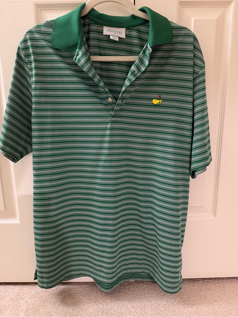 Masters Green Striped Polo with Yellow Embroidered Logo